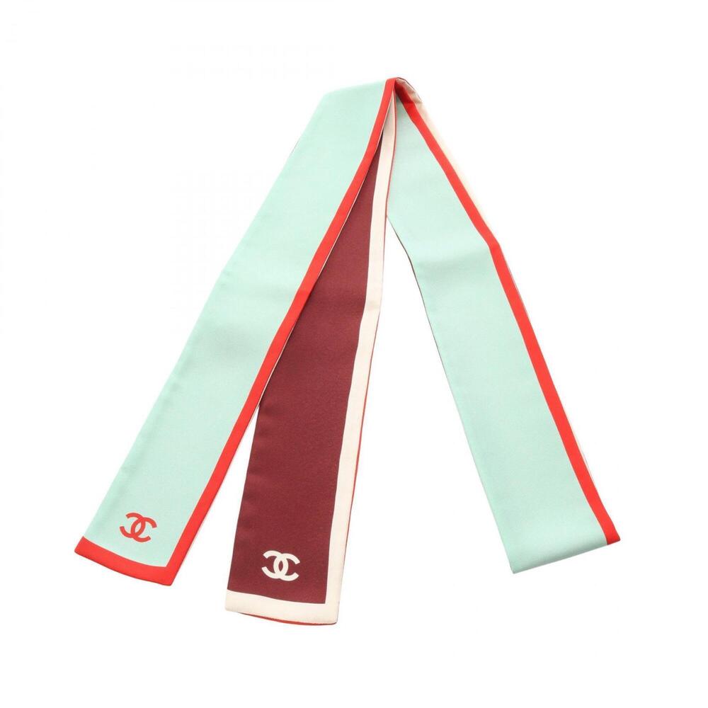 Chanel Coco Mark Ribbon Scarf/Muffler, Silk, Women's, Green/Burgundy